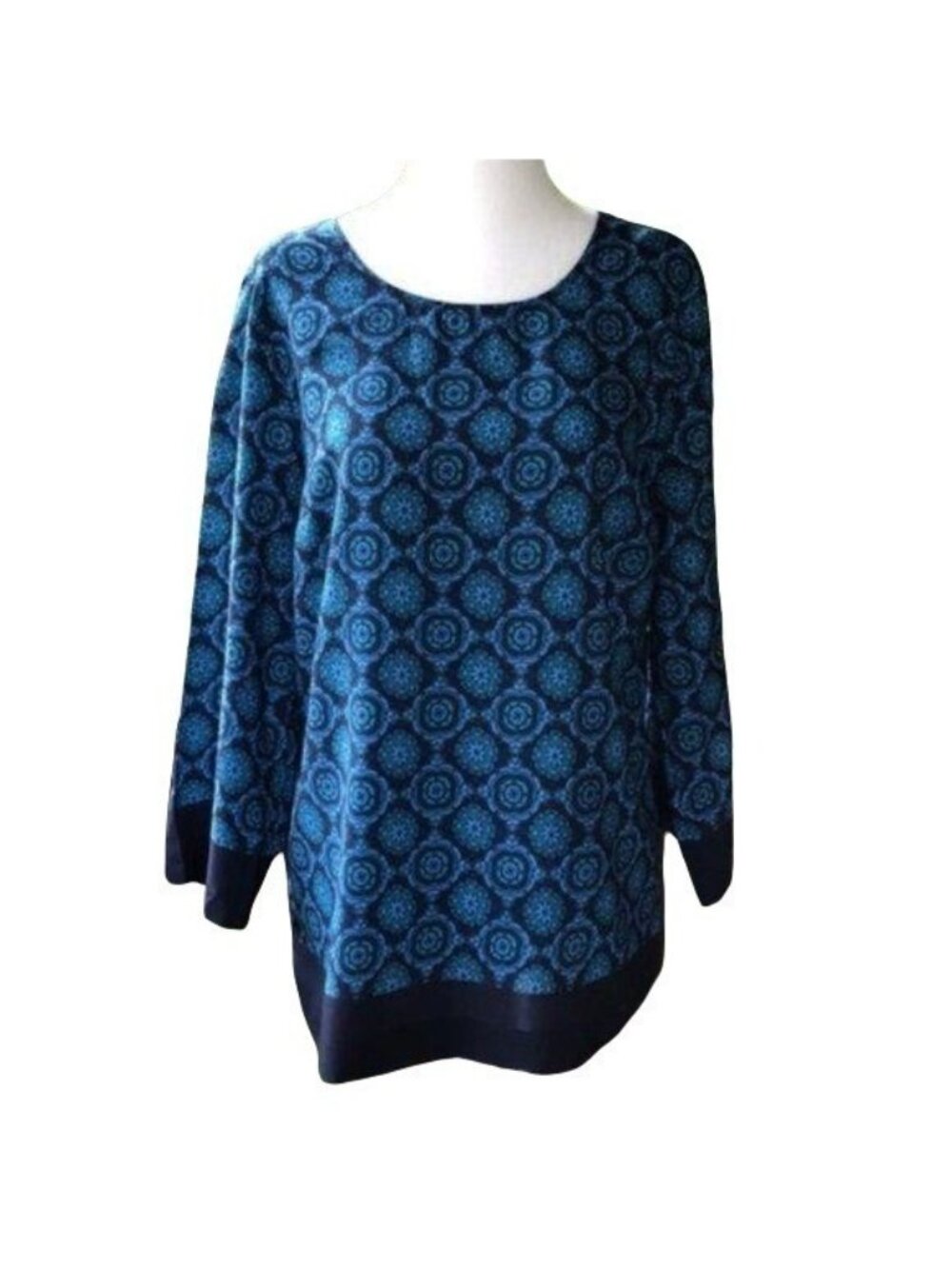 Loft Women's Blue & Teal Patterned Top Solid Long Sleeve Cuff and Hem Size S